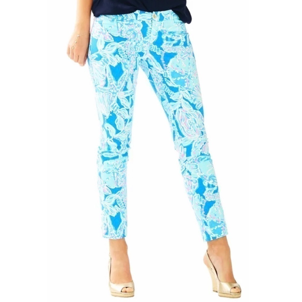 Lilly Pulitzer Kelly Ankle Pants Low Rise Seashell Starfish Blue Size 2 Stretch